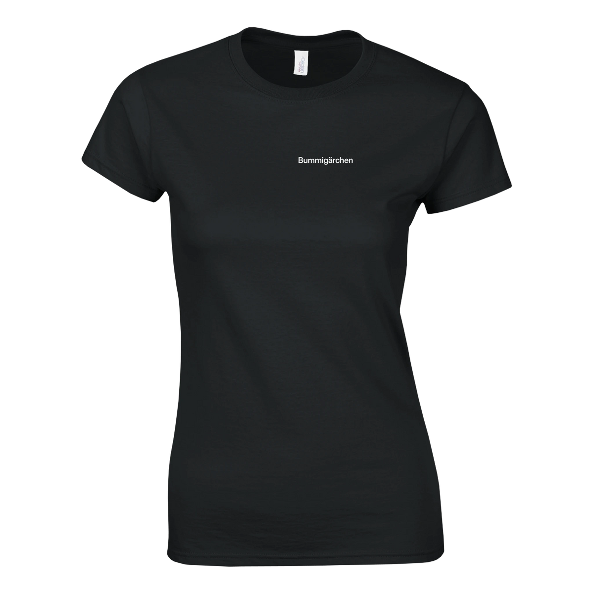 Bummigärchen – Damen T-Shirt in Schwarz, Wortverdreher-Druck links auf der Brust