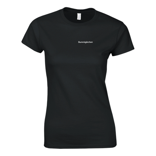 Bummigärchen – Damen T-Shirt in Schwarz, Wortverdreher-Druck links auf der Brust