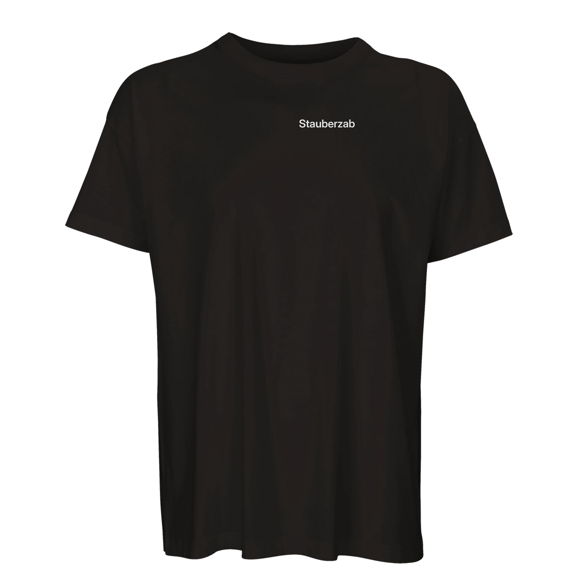 Schwarzes Oversize-T-Shirt mit Wortverdreher-Motiv „Stauberzab“ klein auf der Brust