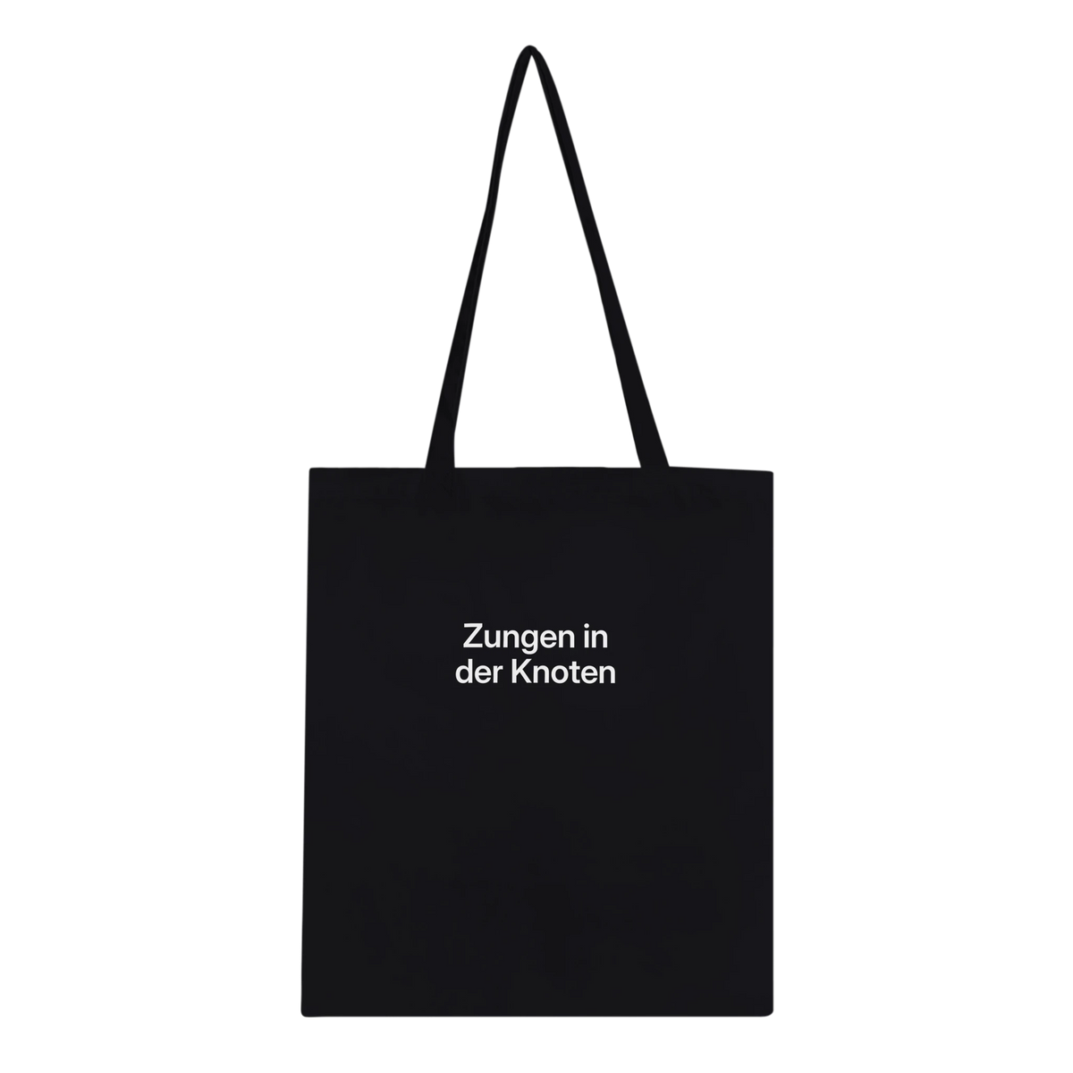Schwarze Tote Bag mit Wortverdreher-Motiv „Zungen in der Knoten“