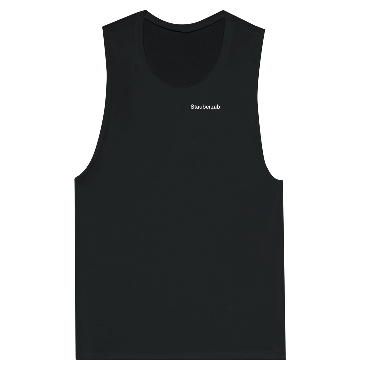 Schwarzes Damen-Tanktop mit dem Spruch Stauberzab klein auf der Brust