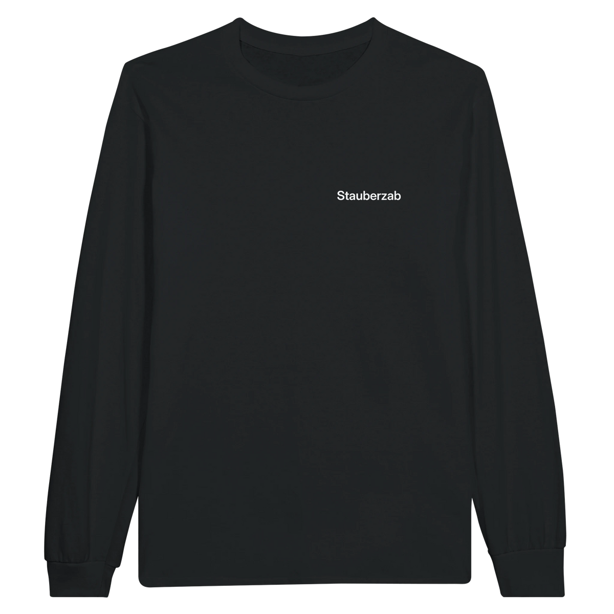 Schwarzes Longsleeve mit Wortverdreher-Motiv „Stauberzab“ klein auf der Brust
