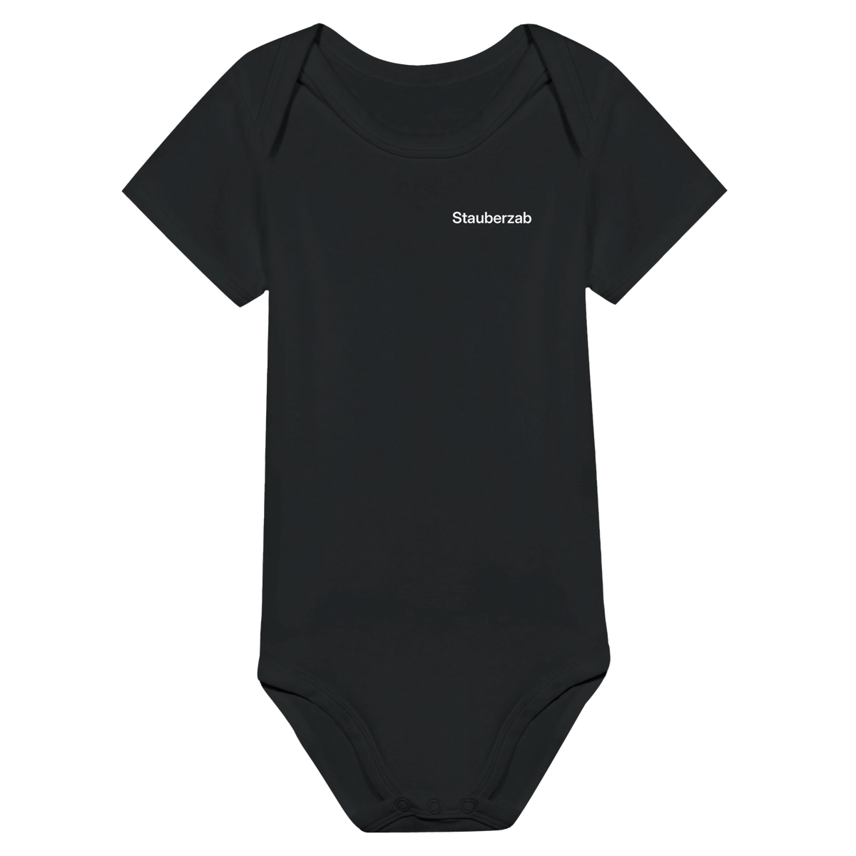 Schwarzer Baby-Body mit Wortverdreher-Motiv „Stauberzab“ klein auf der Brust