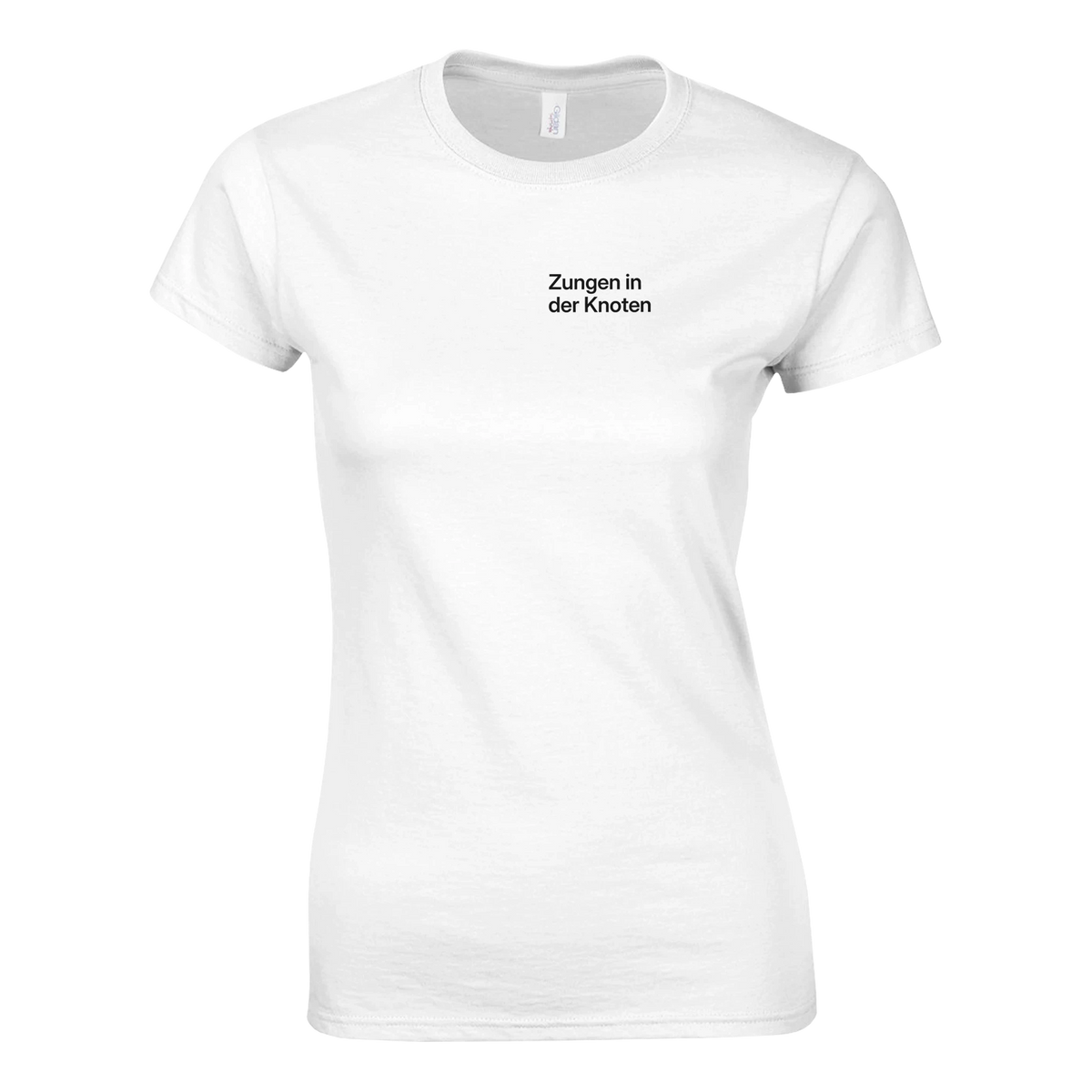 Zungen in der Knoten – Damen T-Shirt in Weiß, Wortverdreher-Druck links auf der Brust