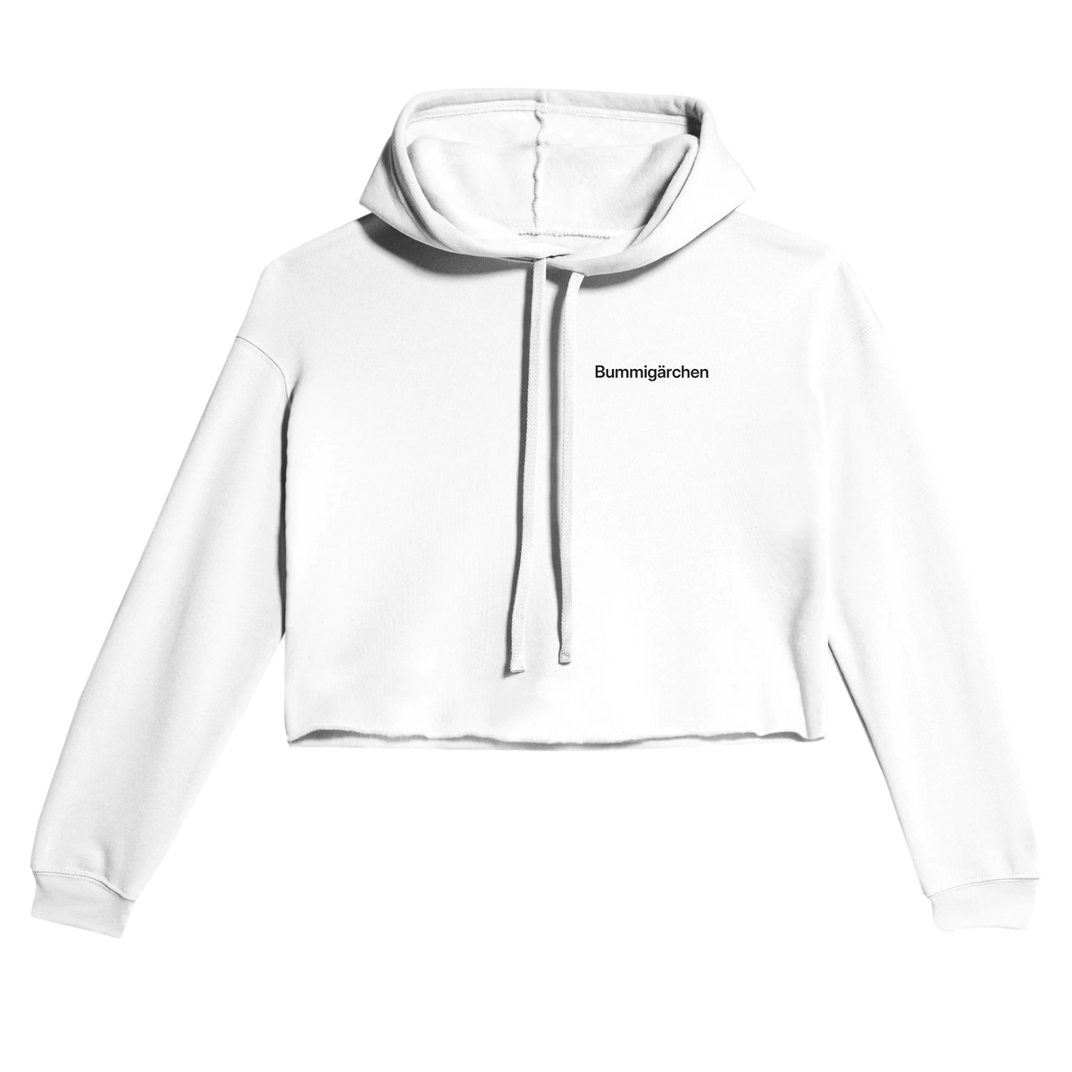 Weißer Cropped Hoodie für Damen mit dem Spruch Bummigärchen klein auf der Brust