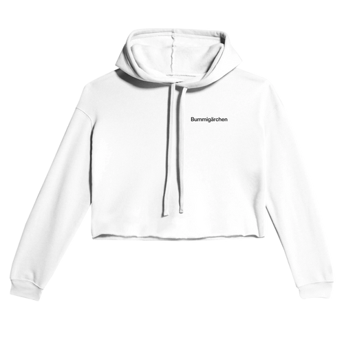 Weißer Cropped Hoodie für Damen mit dem Spruch Bummigärchen klein auf der Brust