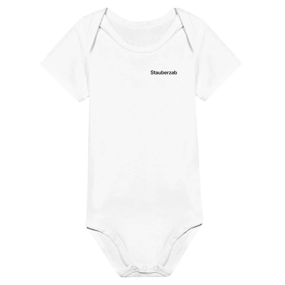 Weißer Baby-Body mit Wortverdreher-Motiv „Stauberzab“ klein auf der Brust