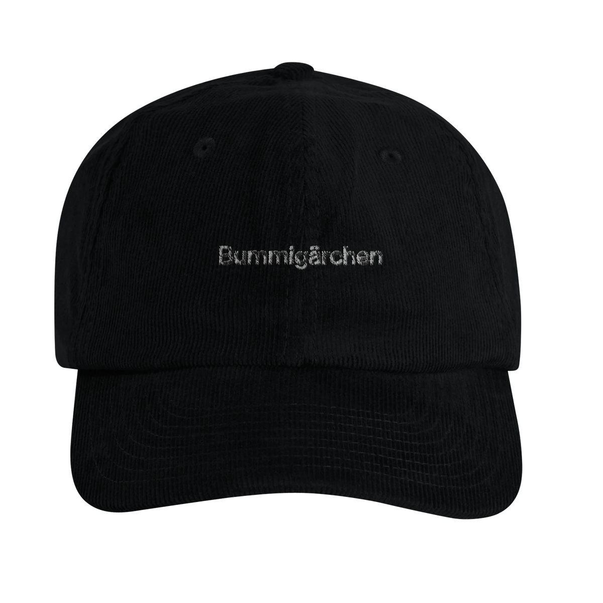 Schwarze Cord-Cap mit Wortverdreher-Motiv „Bummigärchen“