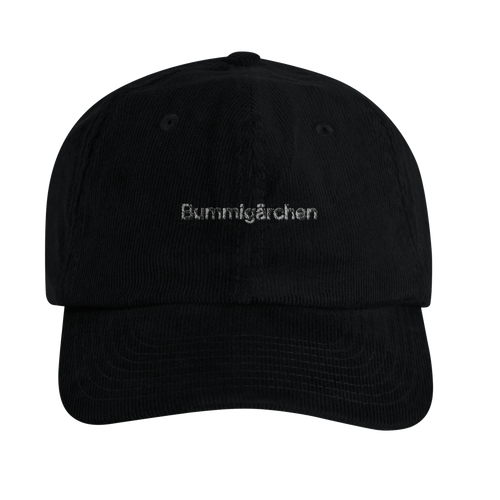 Schwarze Cord-Cap mit Wortverdreher-Motiv „Bummigärchen“