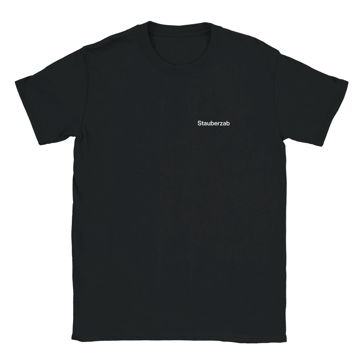 Stauberzab – T-Shirt in Schwarz, Wortverdreher-Druck links auf der Brust