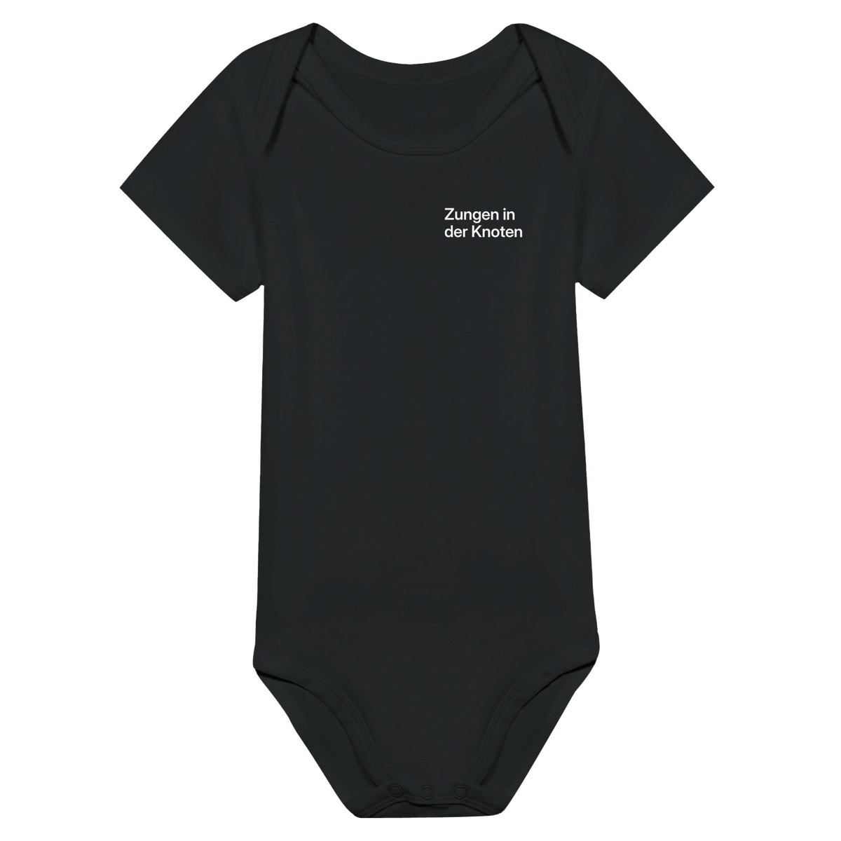 Schwarzer Baby-Body mit Wortverdreher-Motiv „Zungen in der Knoten“ klein auf der Brust