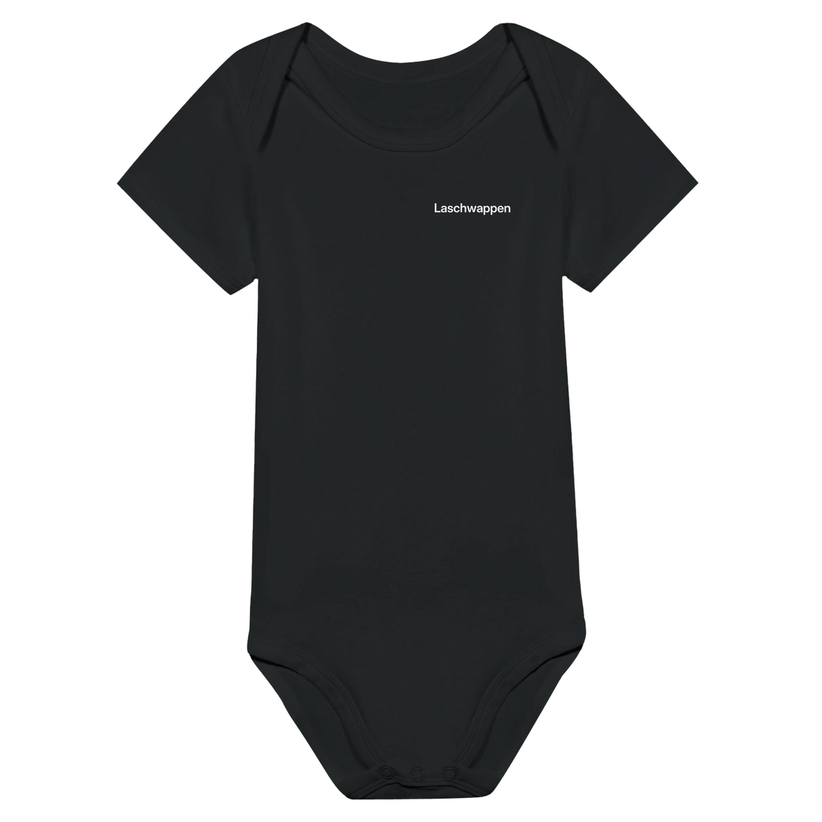 Schwarzer Baby-Body mit Wortverdreher-Motiv „Laschwappen“ klein auf der Brust
