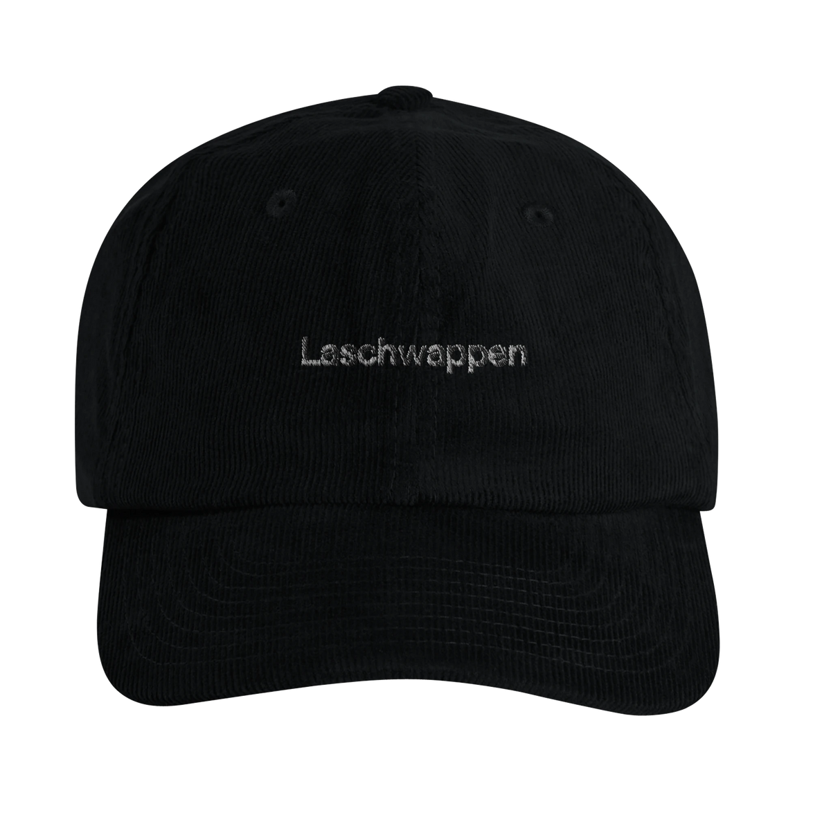 Schwarze Cord-Cap mit Wortverdreher-Motiv „Laschwappen“