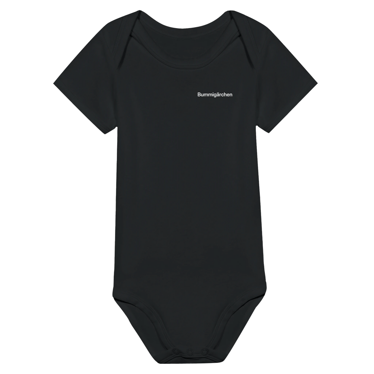 Schwarzer Baby-Body mit Wortverdreher-Motiv „Bummigärchen“ klein auf der Brust