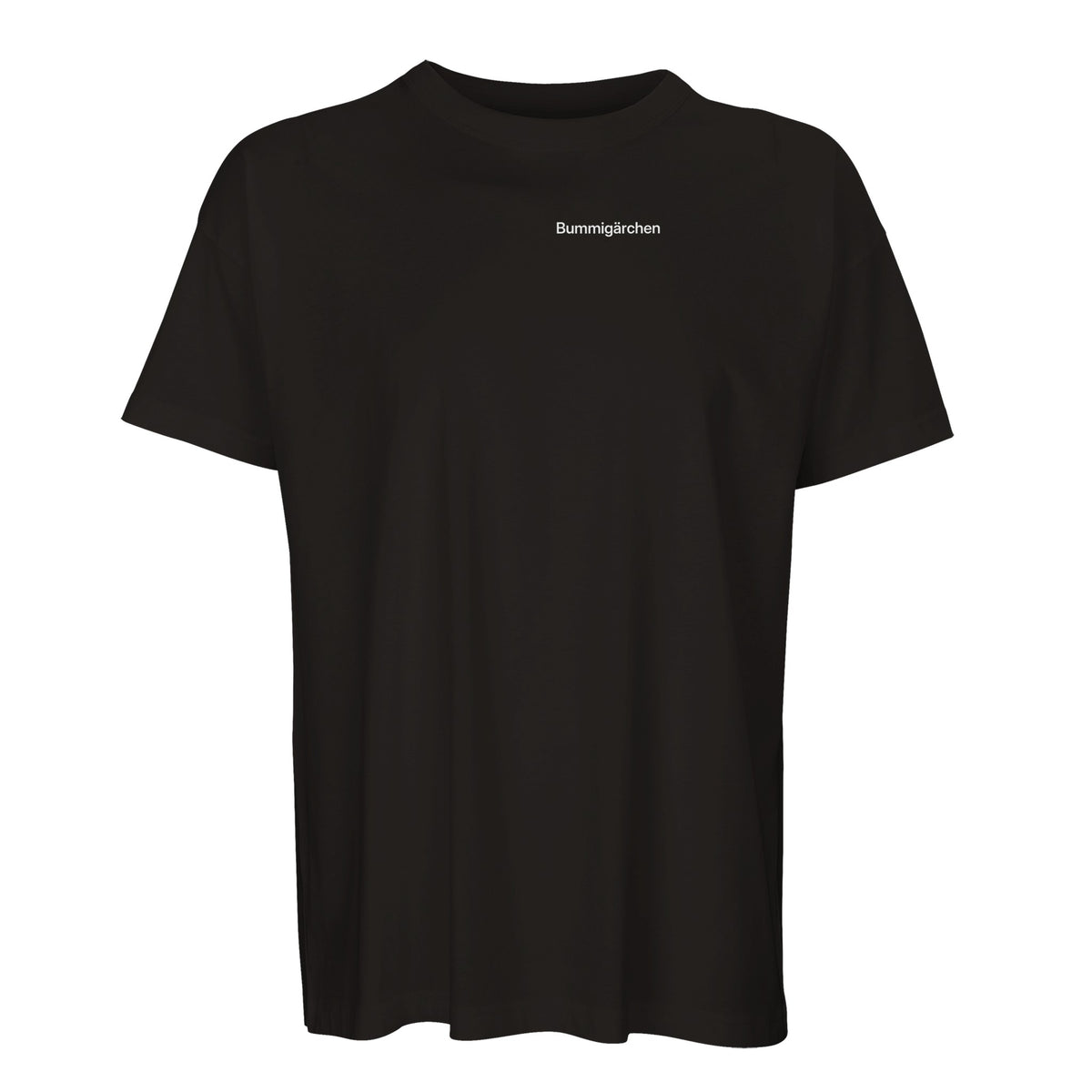 Schwarzes Oversize-T-Shirt mit Wortverdreher-Motiv „Bummigärchen“ klein auf der Brust