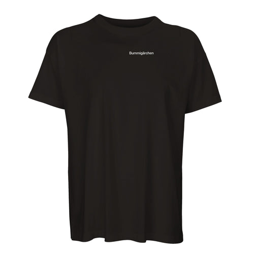 Schwarzes Oversize-T-Shirt mit Wortverdreher-Motiv „Bummigärchen“ klein auf der Brust