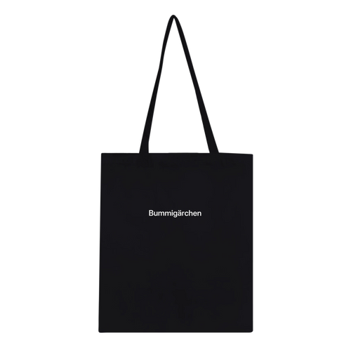 Schwarze Tote Bag mit Wortverdreher-Motiv „Bummigärchen“