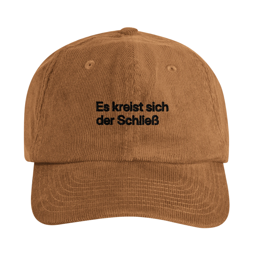Camelfarbene Cord-Cap mit Wortverdreher-Motiv „Es kreist sich der Schließ“