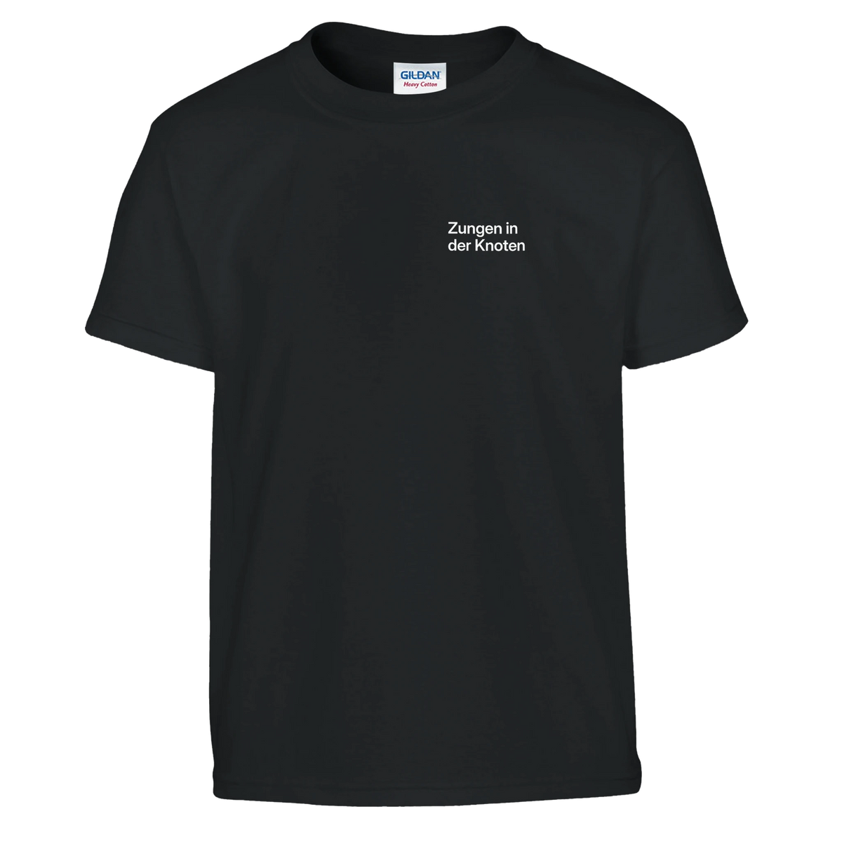 Schwarzes Kinder-T-Shirt mit Wortverdreher-Motiv „Zungen in der Knoten“ klein auf der Brust
