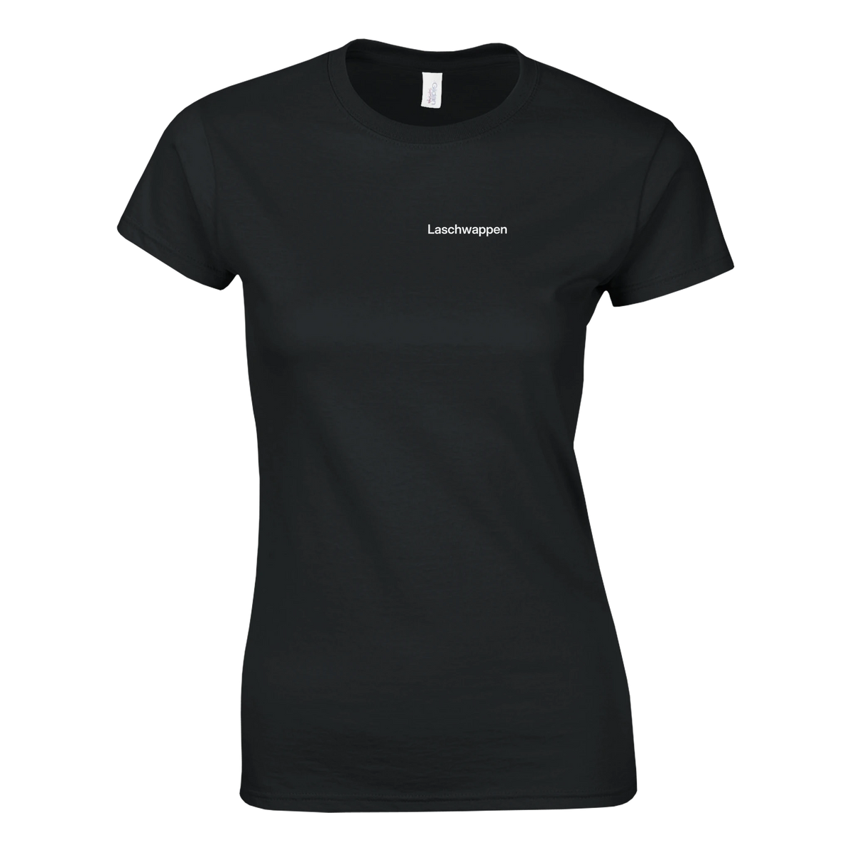 Laschwappen – Damen T-Shirt in Schwarz, Wortverdreher-Druck links auf der Brust