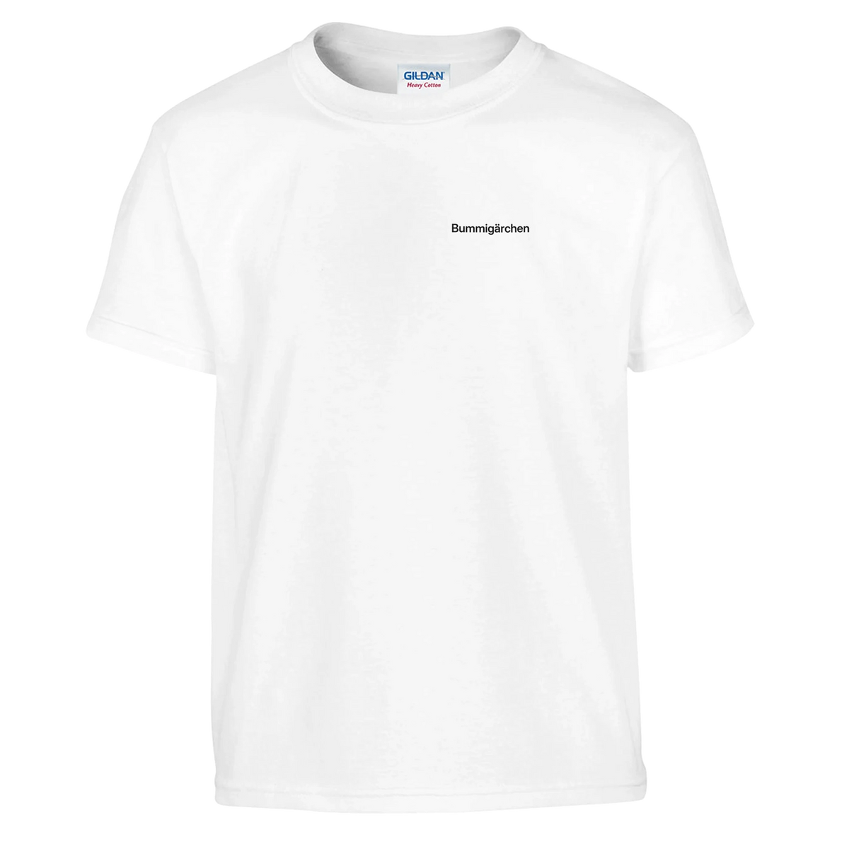 Weißes Kinder-T-Shirt mit Wortverdreher-Motiv „Bummigärchen“ klein auf der Brust