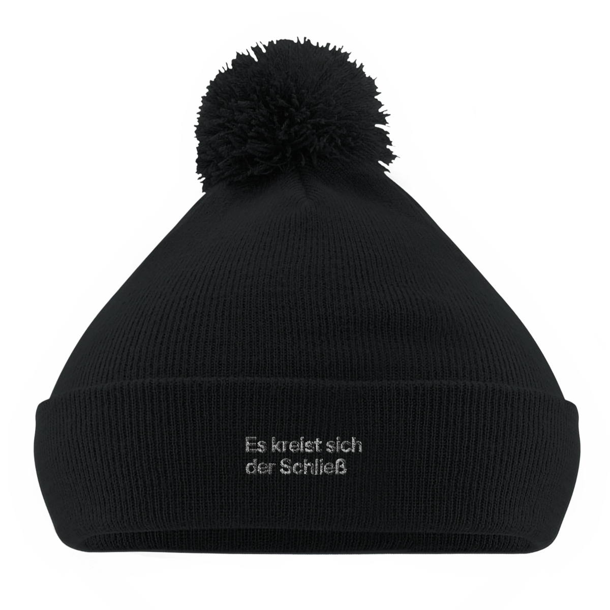 Schwarze Bommel-Beanie mit Wortverdreher-Motiv „Es kreist sich der Schließ“