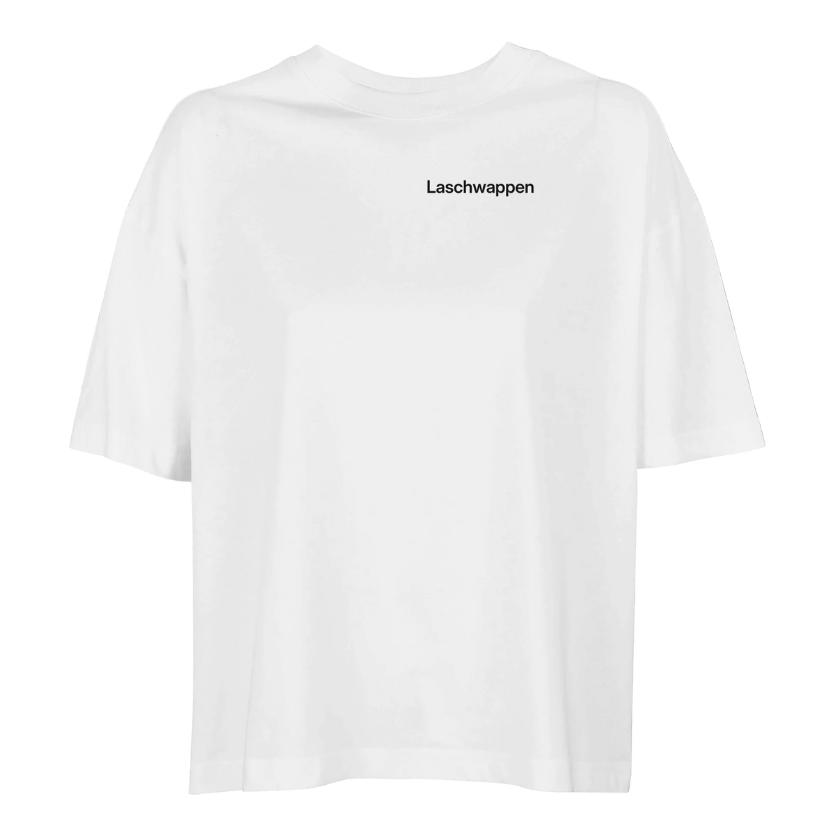 Weißes Damen-Oversize-T-Shirt mit dem Spruch Laschwappen klein auf der Brust