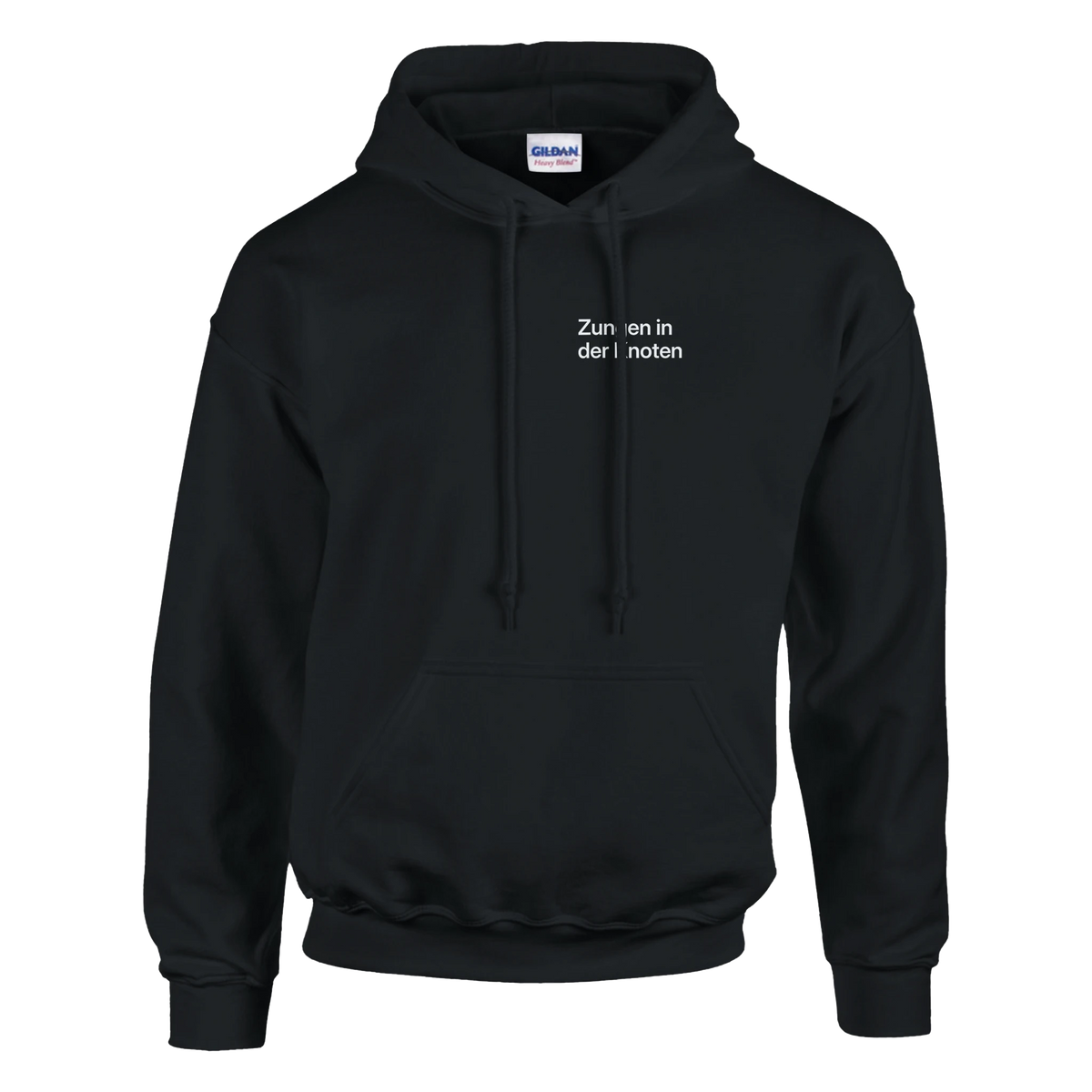 Zungen in der Knoten – Hoodie in Schwarz, Wortverdreher-Druck links auf der Brust