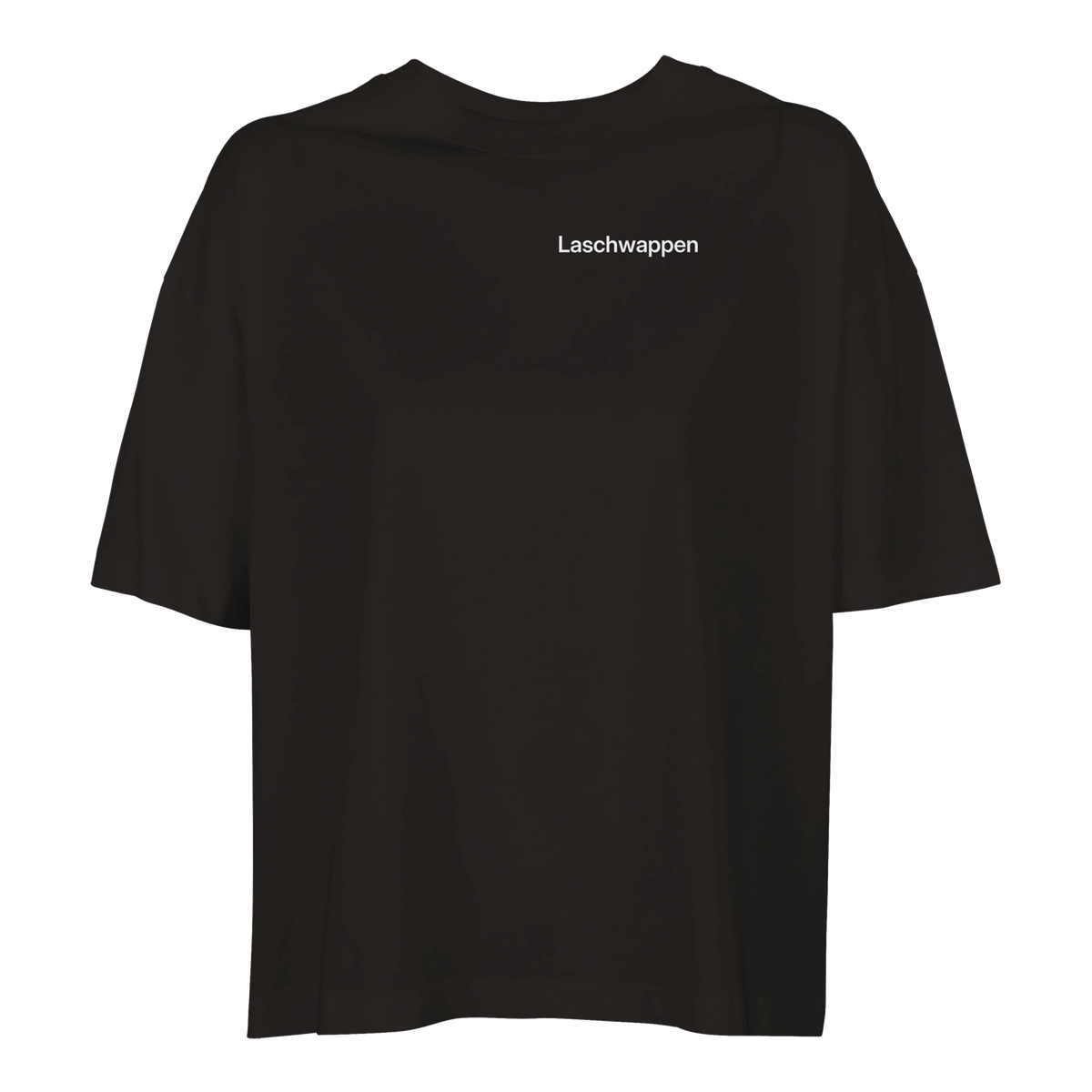 Schwarzes Damen-Oversize-T-Shirt mit dem Spruch Laschwappen klein auf der Brust