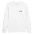 Weißes Longsleeve mit Wortverdreher-Motiv „Zungen in der Knoten“ klein auf der Brust