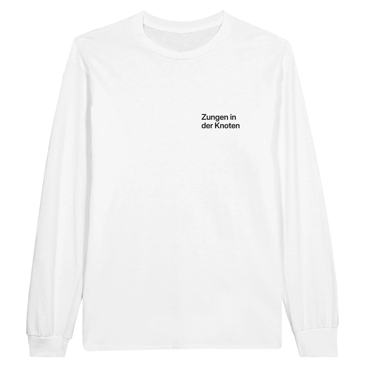 Weißes Longsleeve mit Wortverdreher-Motiv „Zungen in der Knoten“ klein auf der Brust