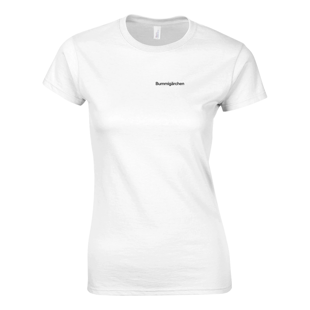 Bummigärchen – Damen T-Shirt in Weiß, Wortverdreher-Druck links auf der Brust