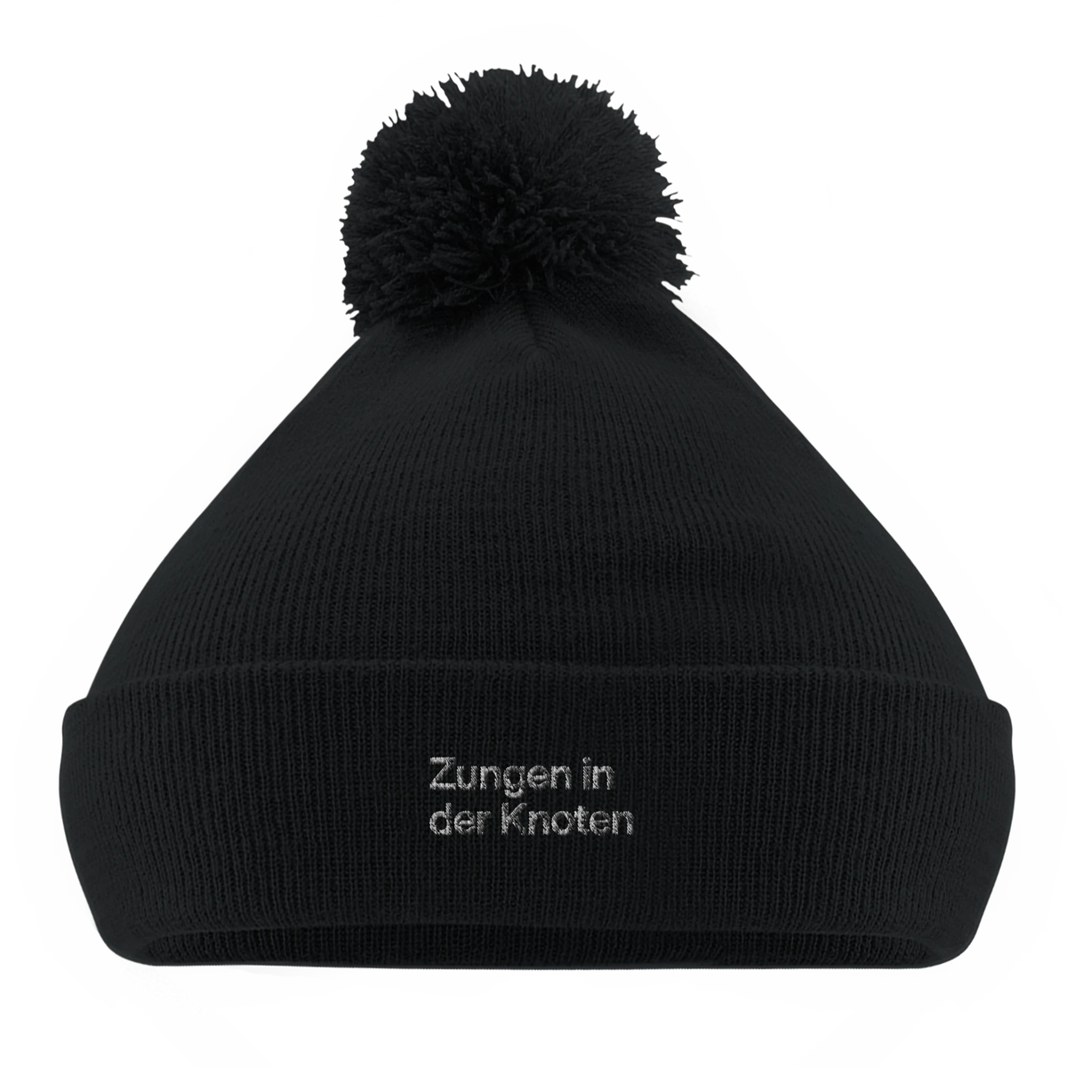 Schwarze Bommel-Beanie mit Wortverdreher-Motiv „Zungen in der Knoten“