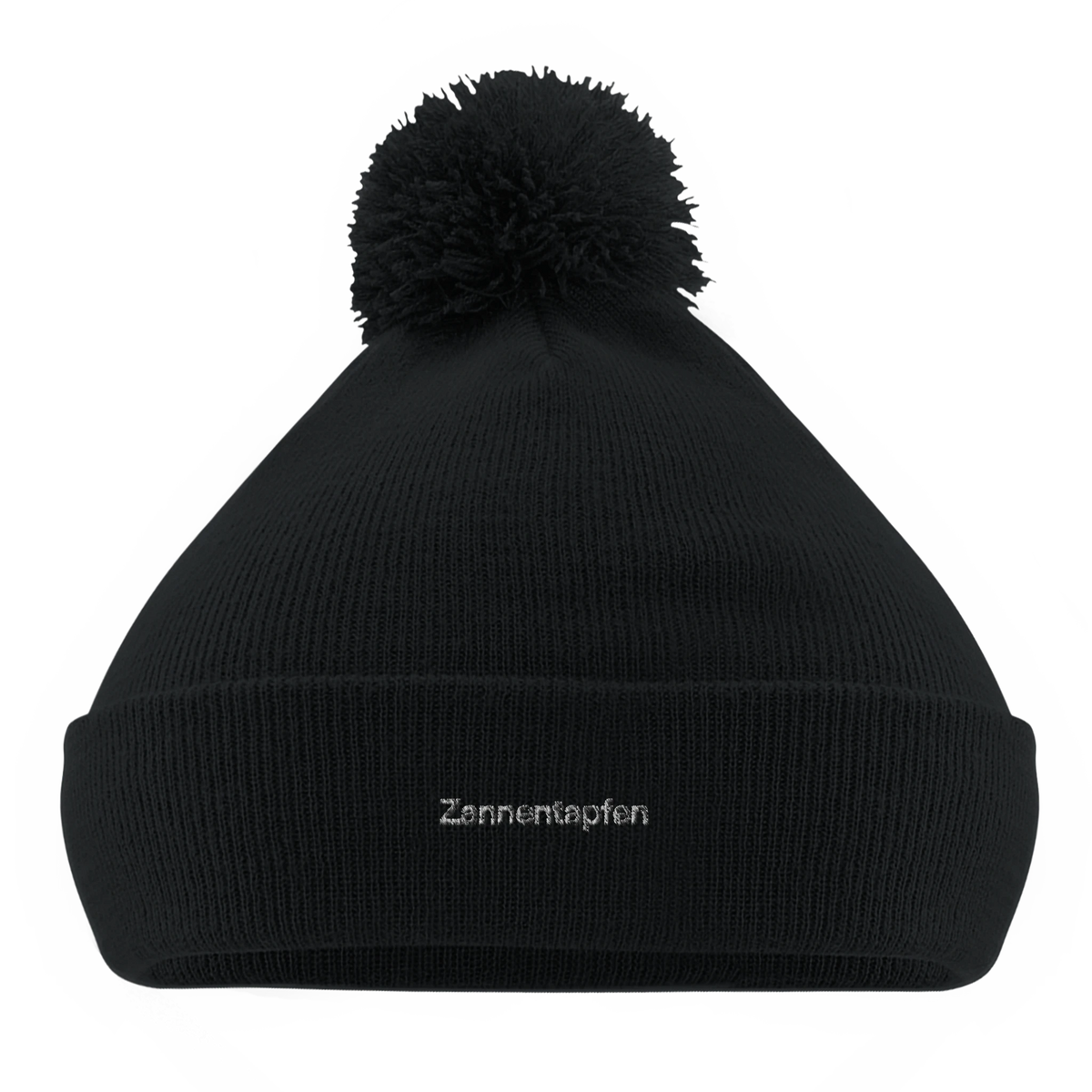 Schwarze Bommel-Beanie mit Wortverdreher-Motiv „Zannentapfen“