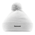 Weiße Bommel-Beanie mit Wortverdreher-Motiv „Stauberzab“