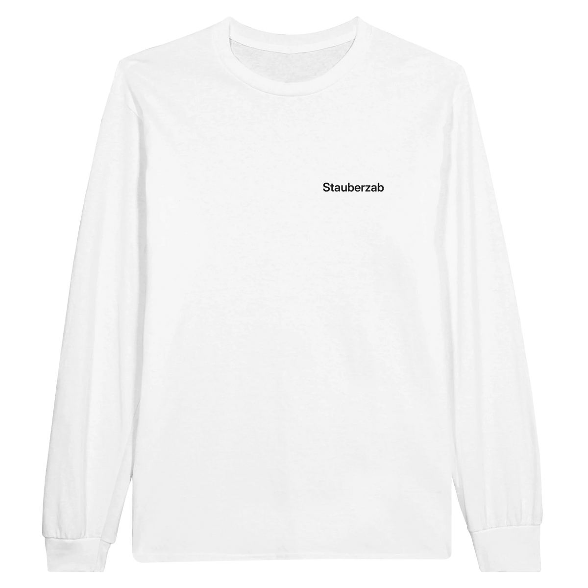 Weißes Longsleeve mit Wortverdreher-Motiv „Stauberzab“ klein auf der Brust