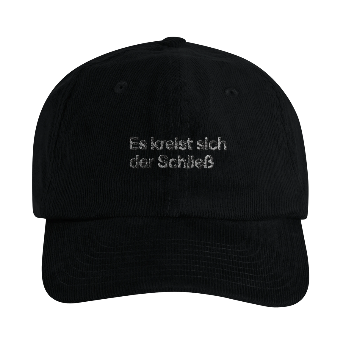 Schwarze Cord-Cap mit Wortverdreher-Motiv „Es kreist sich der Schließ“