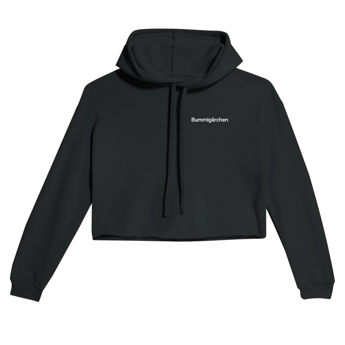 Schwarzer Cropped Hoodie für Damen mit dem Spruch Bummigärchen klein auf der Brust