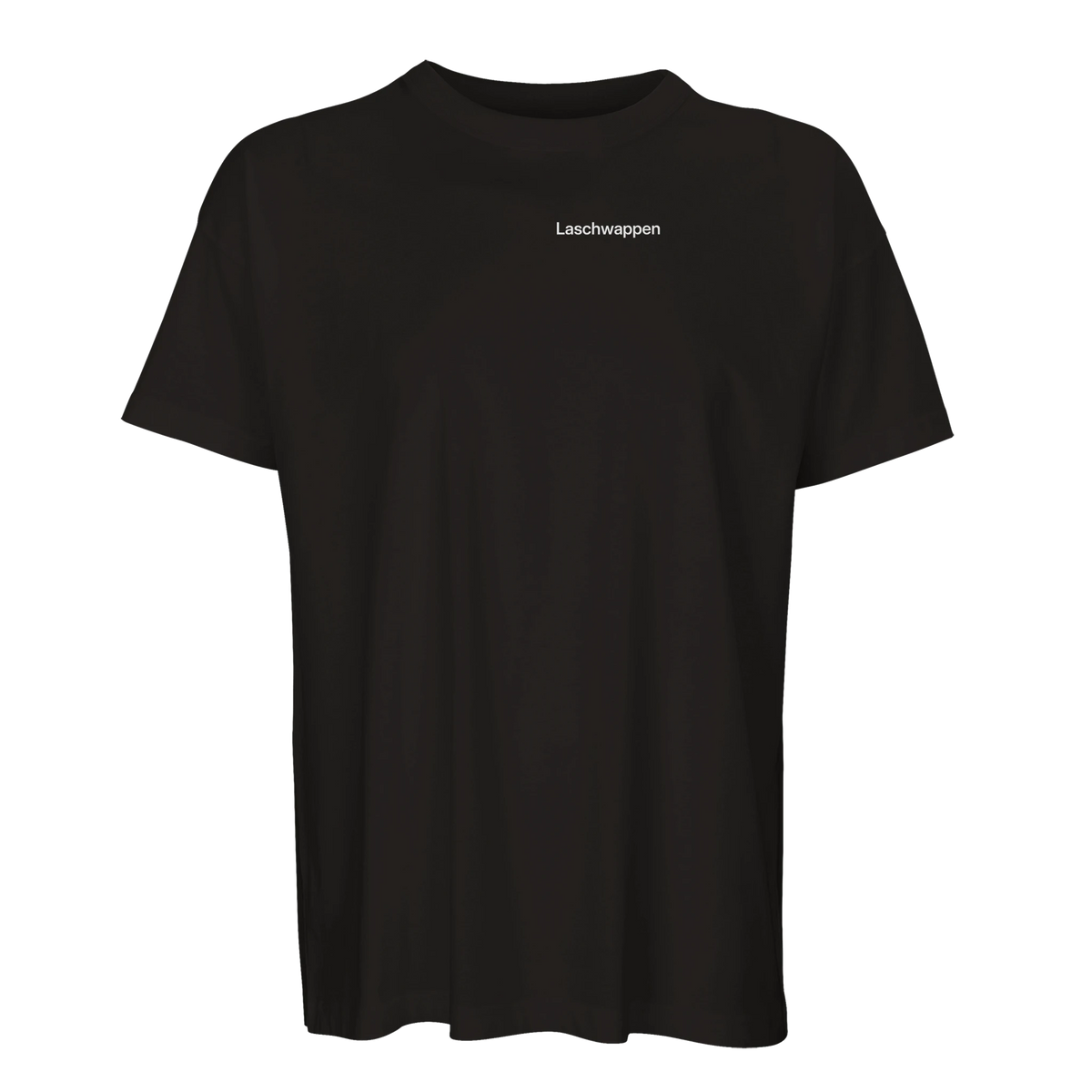 Schwarzes Oversize-T-Shirt mit Wortverdreher-Motiv „Laschwappen“ klein auf der Brust