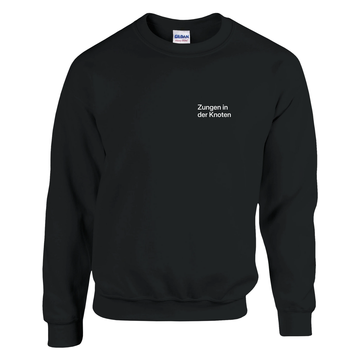 Schwarzes Sweatshirt mit Wortverdreher-Motiv „Zungen in der Knoten“ klein auf der Brust