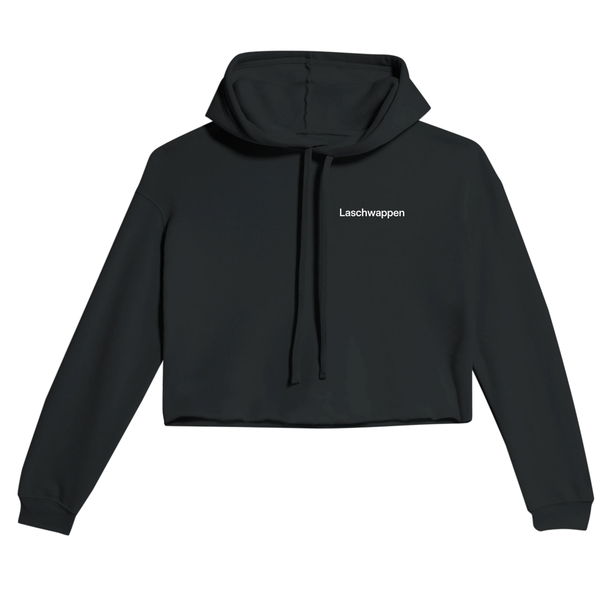 Schwarzer Cropped Hoodie für Damen mit dem Spruch Laschwappen klein auf der Brust