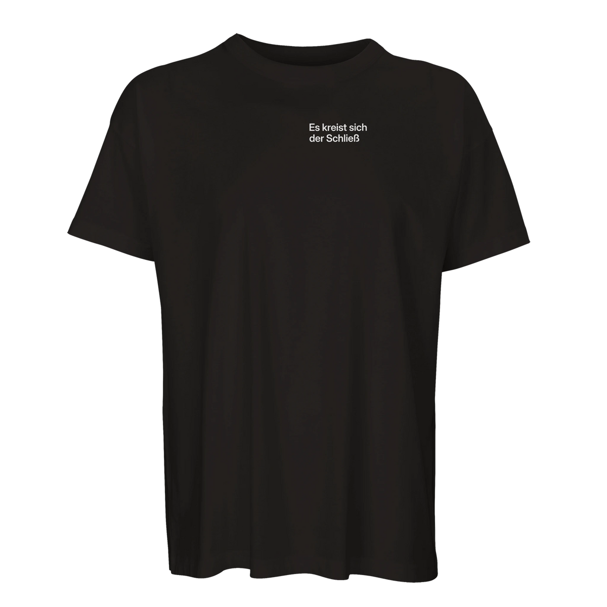 Schwarzes Oversize-T-Shirt mit Wortverdreher-Motiv „Es kreist sich der Schließ“ klein auf der Brust