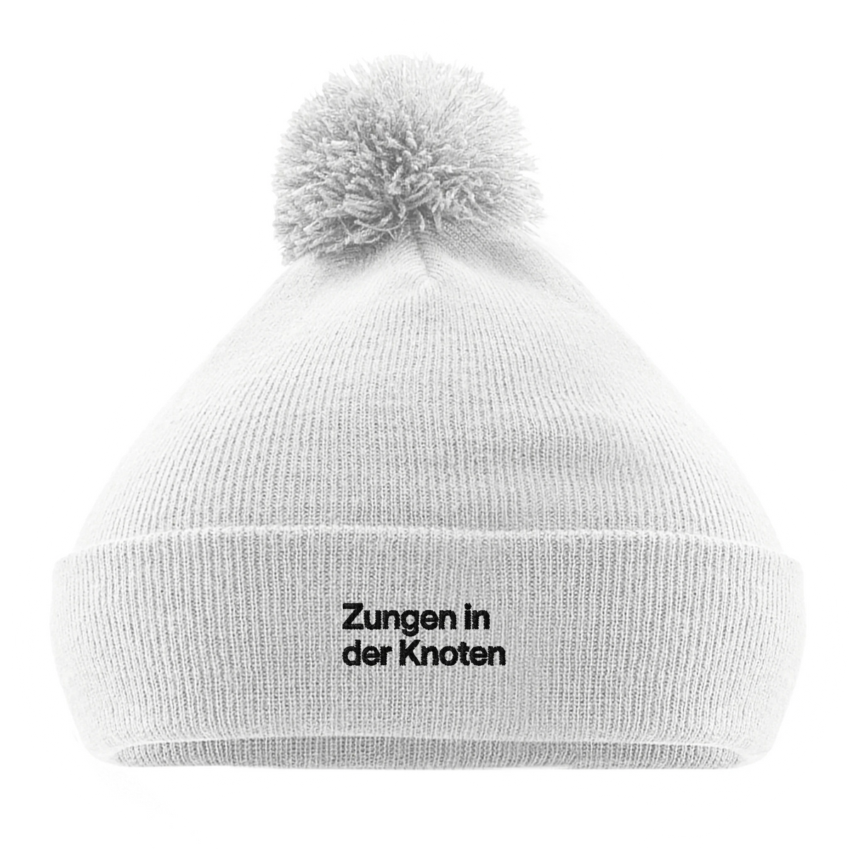 Weiße Bommel-Beanie mit Wortverdreher-Motiv „Zungen in der Knoten“