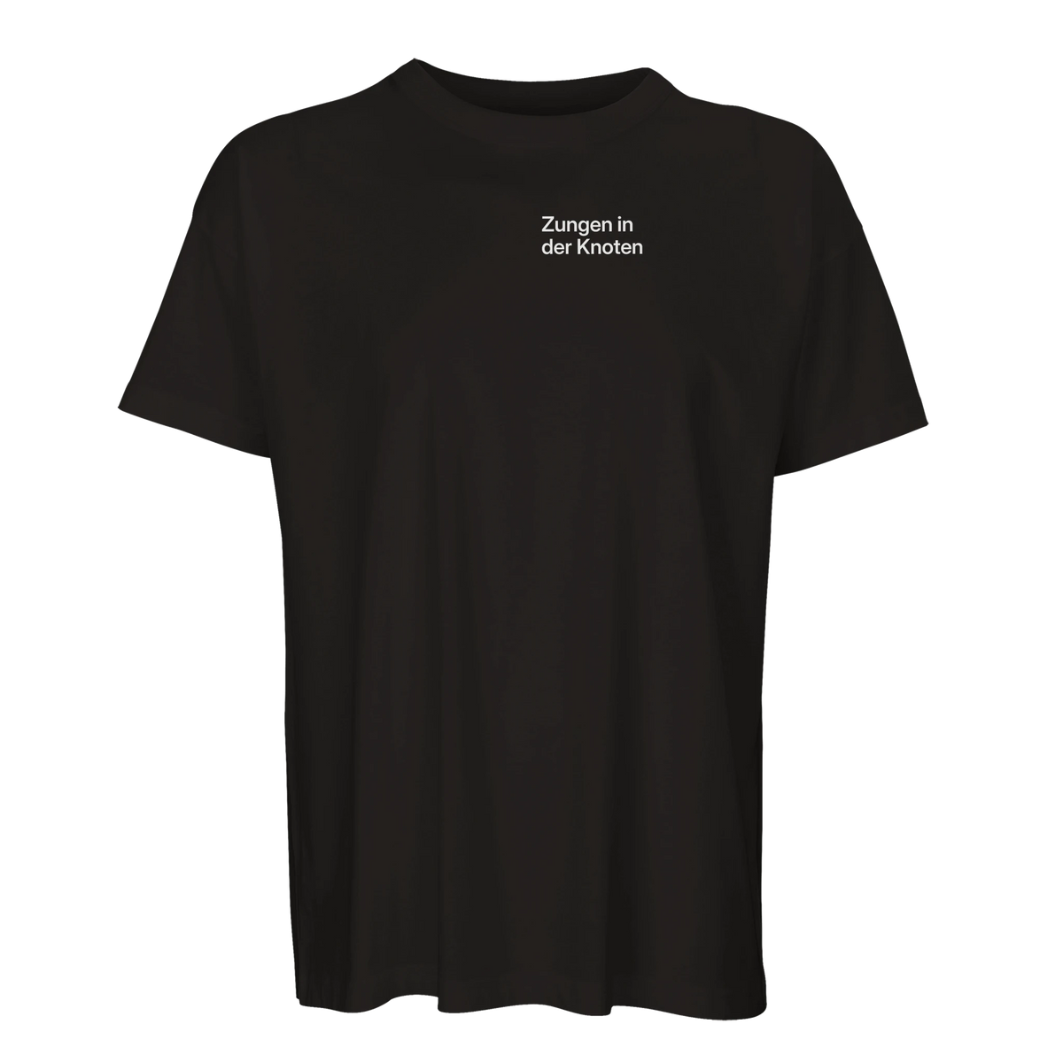 Schwarzes Oversize-T-Shirt mit Wortverdreher-Motiv „Zungen in der Knoten“ klein auf der Brust