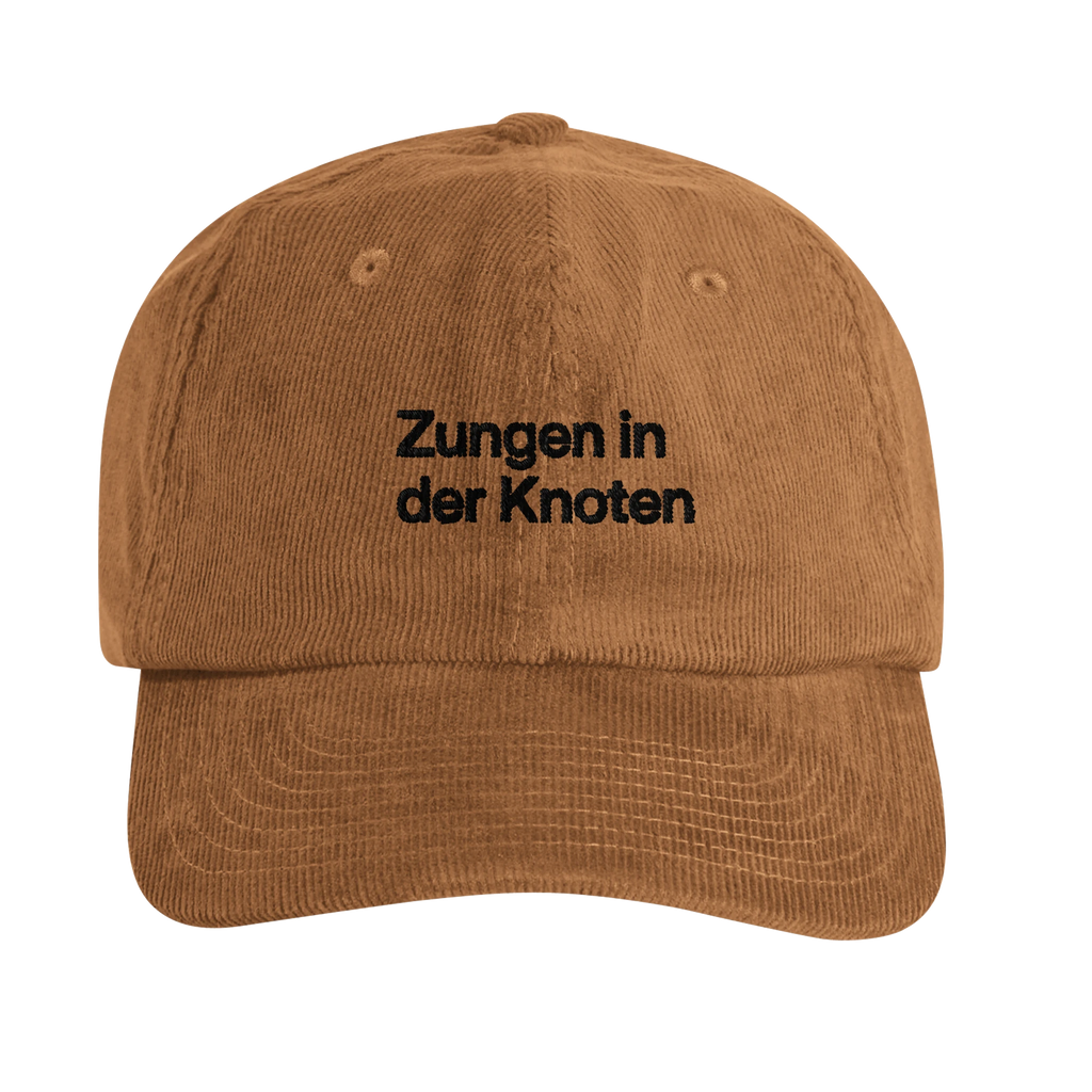 Camelfarbene Cord-Cap mit Wortverdreher-Motiv „Zungen in der Knoten“