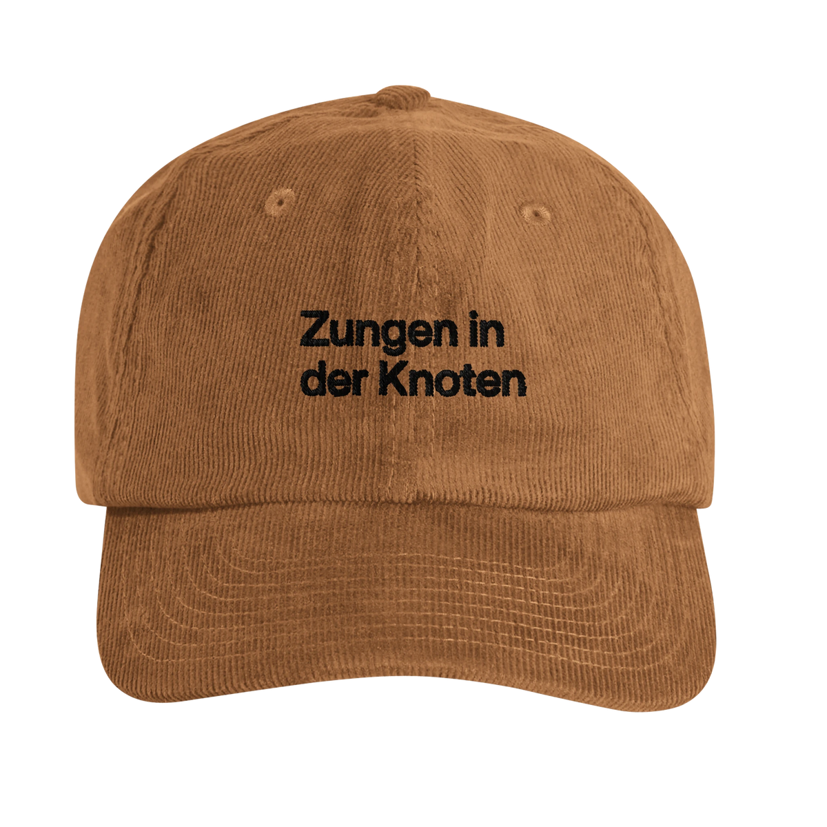 Camelfarbene Cord-Cap mit Wortverdreher-Motiv „Zungen in der Knoten“