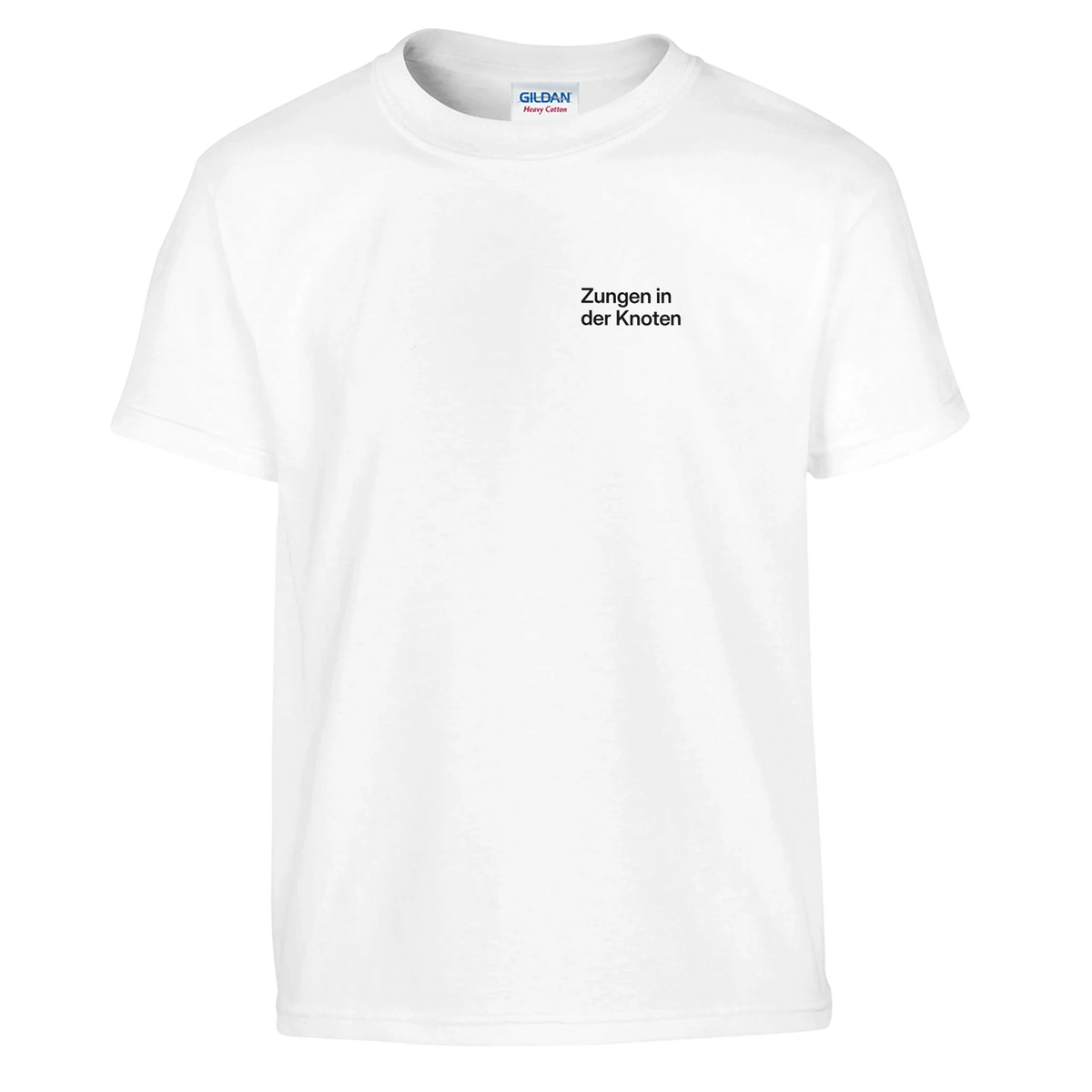 Weißes Kinder-T-Shirt mit Wortverdreher-Motiv „Zungen in der Knoten“ klein auf der Brust