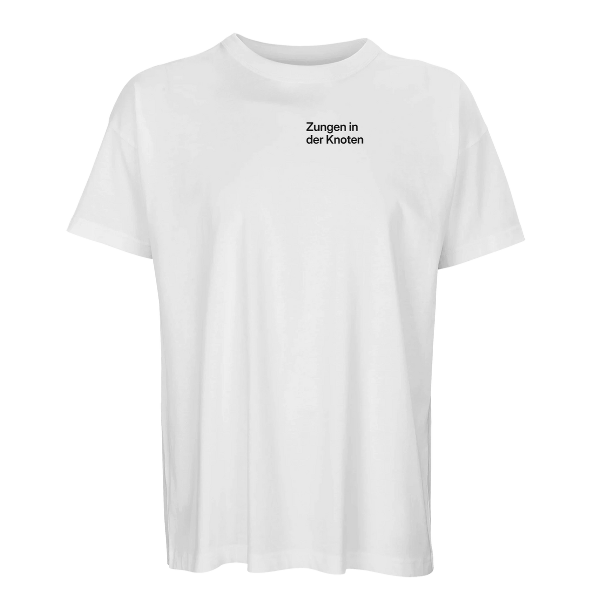 Weißes Oversize-T-Shirt mit Wortverdreher-Motiv „Zungen in der Knoten“ klein auf der Brust