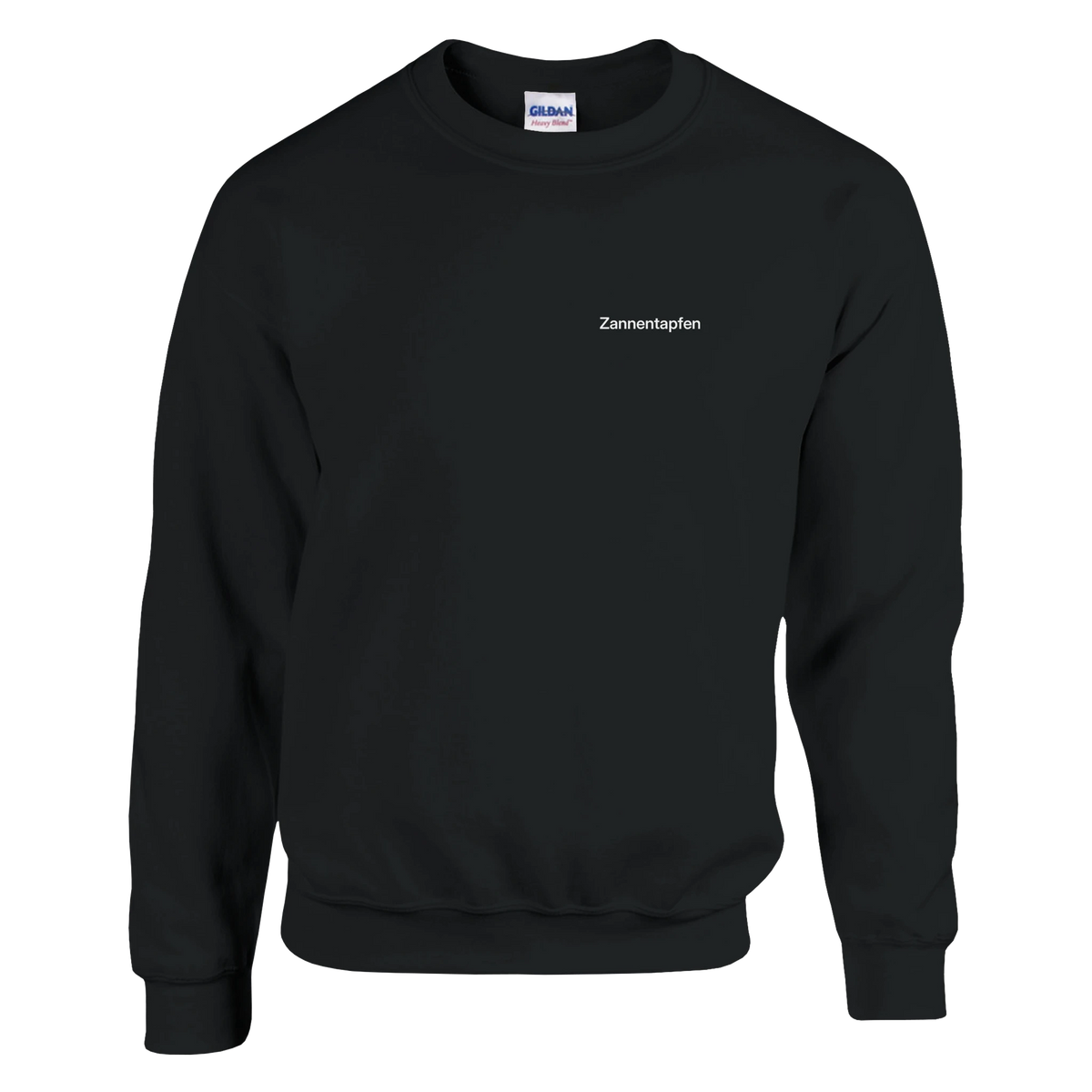 Schwarzes Sweatshirt mit Wortverdreher-Motiv „Zannentapfen“ klein auf der Brust