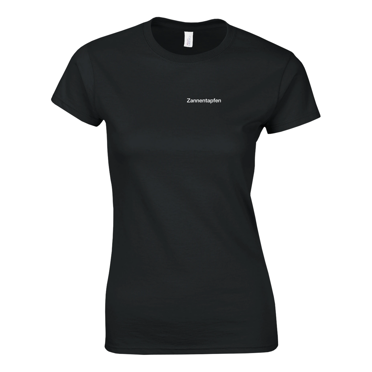 Zannentapfen Damen T-Shirt in Schwarz mit kleinem weißem Schriftzug „Zannentapfen“ auf der Brust